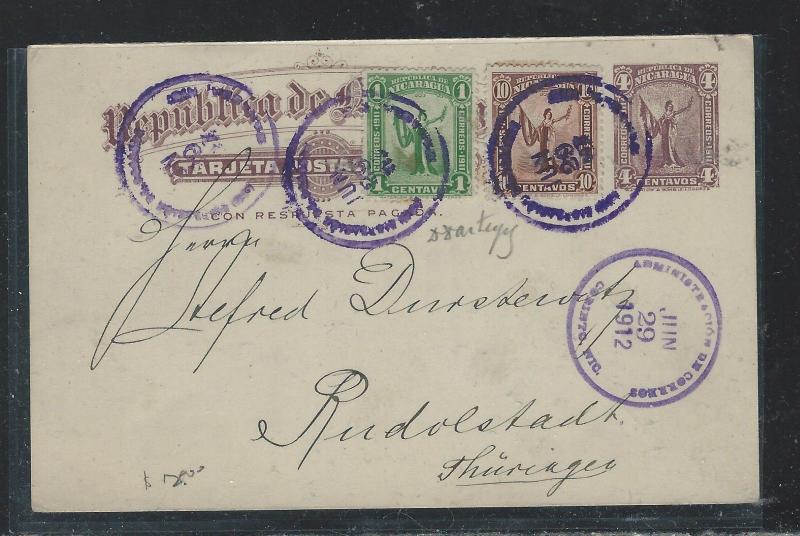 NICARAGUA (P1910B)  1912 PSC 4C UPRATED 10C+1C CORRINTO TO GERMANY WITH MSG