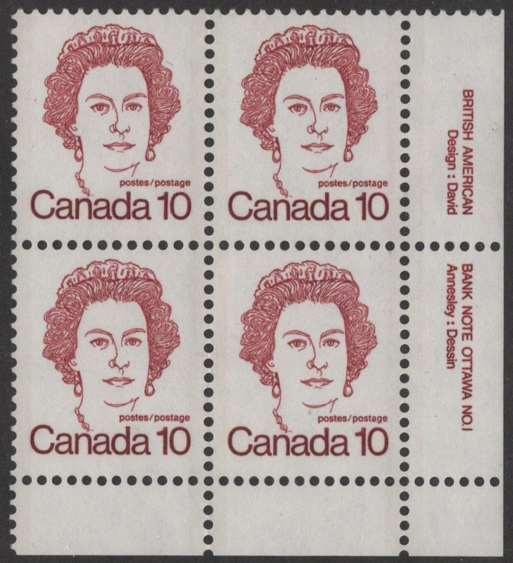 SC#593A 10¢ Queen Elizabeth II, Caricature Plate Block: LR #1  (1976) MNH