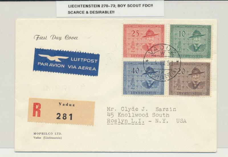 LIECHTENSTEIN 1953 SCOUT SET ON FIRST DAY COVER, SCARCE  (SEE BELOW)