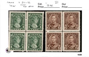 Canada, Postage Stamp, #211-212 Mint NH Blocks, 1935 (AJ)