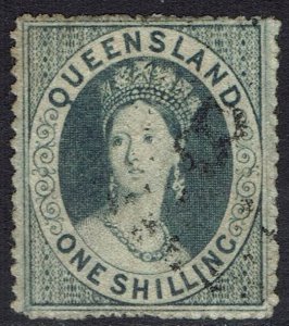 QUEENSLAND 1860 QV CHALON 1/- WMK SMALL STAR ROUGH PERF 14 - 16 USED