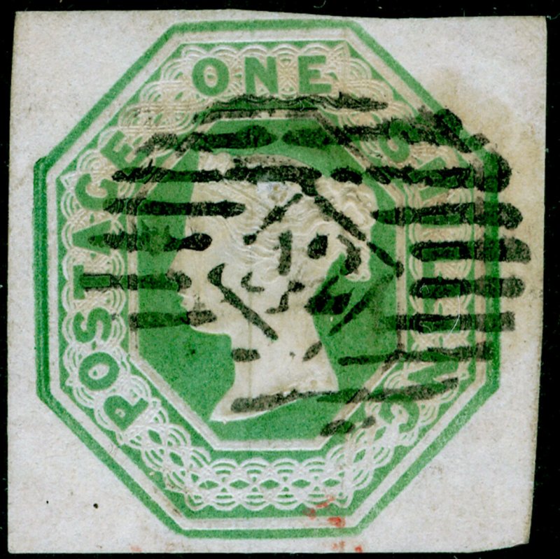 SG54, 1s pale green, CUT SQUARE, FINE USED. Cat £1000. 4 MARGINS