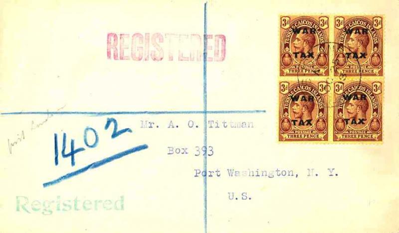 Turks & Caicos Is. 3d KGV Overprinted War Tax (4) 1918 Turks Islands Register...