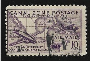 Canal Zone Scott #C16 Used 10c Plane & Map Air Mail stamp 2019 CV $3.00