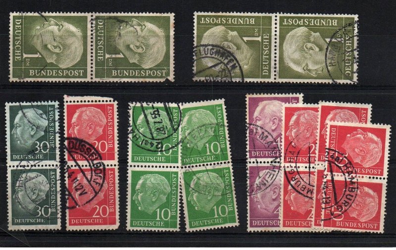 Heuss President multiples pairs strips Germany Bundes used stamp stock for study