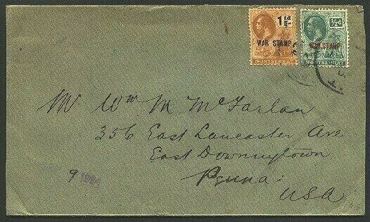 MONTSERRAT 1924 ½d & 1½d War Tax on cover to USA...........................94772