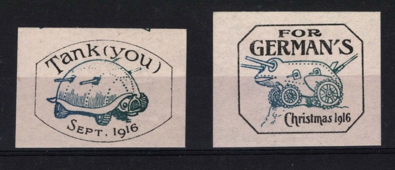 GB WW1 PROPAGANDA LABELS{2} EARLY *TANK* Cinderellas Lightly Mounted 1916 38c.19