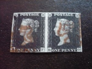Stamps - Great Britain - Scott# 1 - Used Imperf Pair - HF & HG