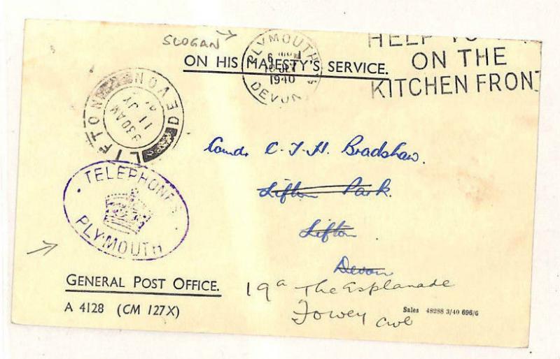 W13 1940 GB Devon *TELEPHONES PLYMOUTH*Official GPO Card SLOGAN{samwells-covers}