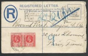SIERRA LEONE 1913 GV 2d reg envelope uprated used to France................56996 