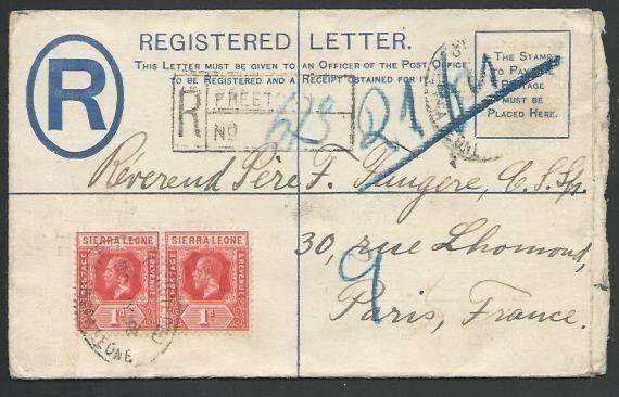 SIERRA LEONE 1913 GV 2d reg envelope uprated used to France................56996