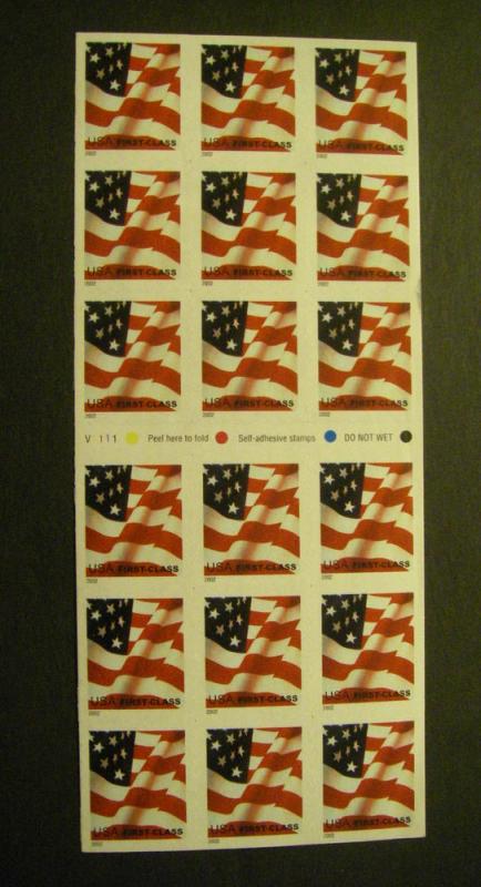 Scott 3625a, 37c Nondenominated Waving Flag, ATM Pane of 18, #V1111, MNH Beauty