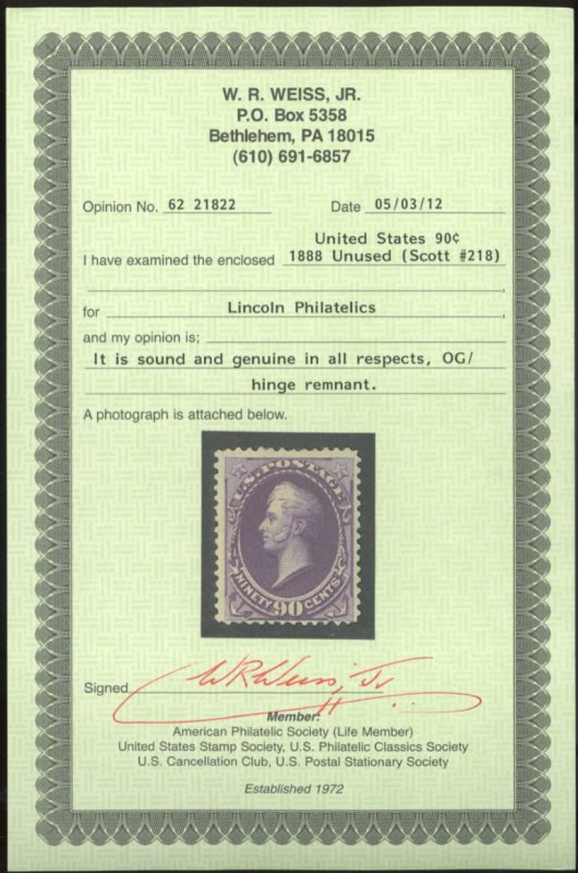 U.S. #218 USED WITH WEISS CERT
