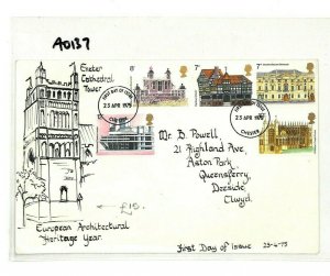 GB HAND-ILLUSTRATED FDC 1975 *Exeter Cathedral* TOWER Devon ARCHITECTURE AO137