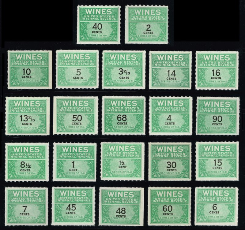 Lot of 33 Different US Wine Revenue Stamps (SCV >$190)