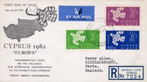 Cyprus 1962 Sc#201/203 EUROPA CEPT DOVES (3) FDC Registered Travel to UK