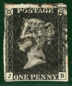 GB ONE PENNY BLACK 1840 QV Stamp SG.2 1d Plate 8 (JB) Used MX Cat £525- LRED69