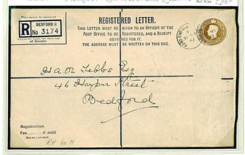 GB RP60H PROVISIONAL Registered Stationery *Ford End Rd Bedford* 1947 Cover E221 