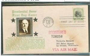 US 833 1938 $2 Warren G. Harding (presidential/prexy series) solo on an addressed first day cover with a Crosby cachet.