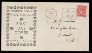 1942 #251 3c KGVI FDC, Windsor Stamp Collectors Club Cachet / Slogan cancel