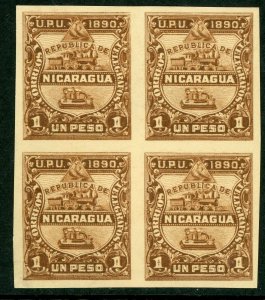 Nicaragua 1890 Seebeck Locomotive 1Peso Brown Imperf Block Sc #26a Mint L963 ⭐⭐ 