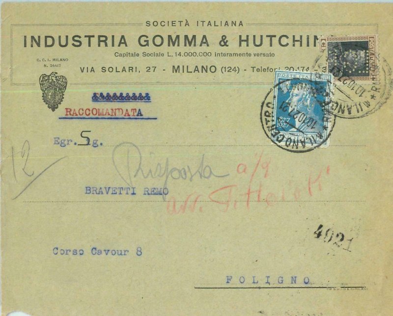 93185 - ITALY - POSTAL HISTORY - PERFIN stamp on COVER: HUTCHINSON  Tyres 1927