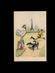 WWII Patriotic Postcard Rooster France Fleeing Hitler Help a Cock circa 1945 8j