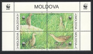 Moldova Endangered Species Corncrake Bird 4v Top Block of 4 WWF Logo 2001