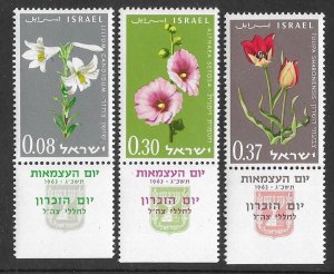 Israel #238-40 Flowers  - 1963 Memorial Day  TABBED   (3)   Mint NH