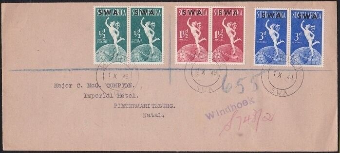 SOUTH WEST AFRICA 1949 UPU set in pairs on reg FDC ex Windhoek.............B3625