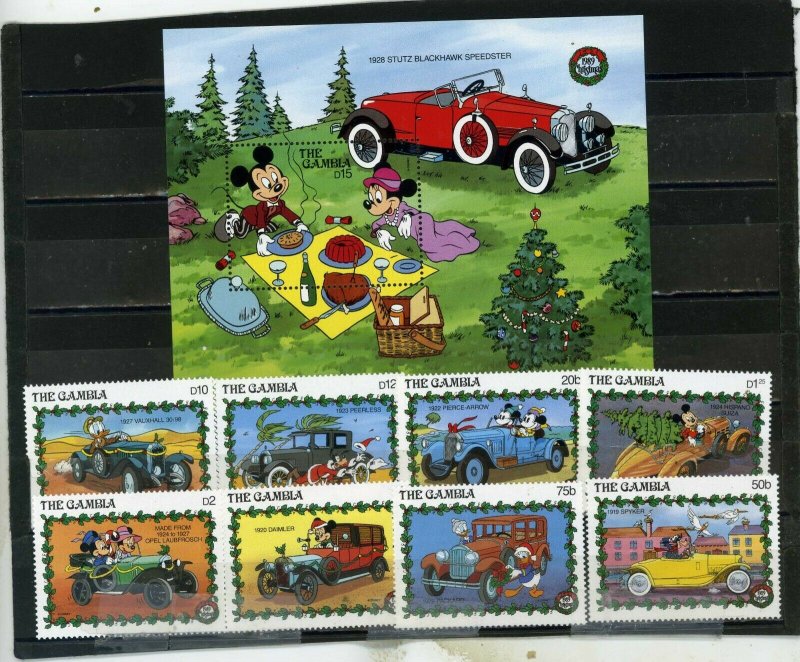 GAMBIA 1989 DISNEY CHRISTMAS/CLASSIC CARS SET OF 8 STAMPS & S/S MNH 