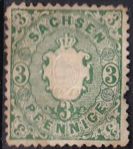 Saxony 15 (used, small tear right, thin ul, toning) 3pf arms, blue grn (1863)