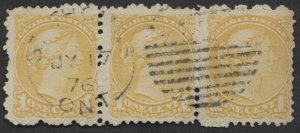 Canada #35vii 1c Small Queen Strip of 3 p11.6x12 St Thomas ONT Duplex JY 17 76