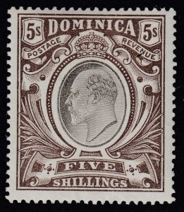 SG 36 Dominica 1903. 5/- black & brown. A pristine very lightly mounted mint...