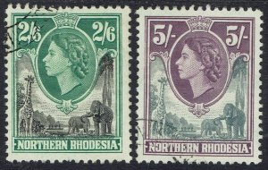 NORTHERN RHODESIA 1953 QEII GIRAFFE AND ELEPHANTS 2/6 AND 5/- USED