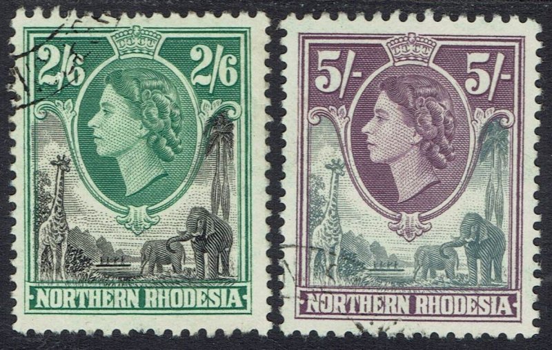 NORTHERN RHODESIA 1953 QEII GIRAFFE AND ELEPHANTS 2/6 AND 5/- USED