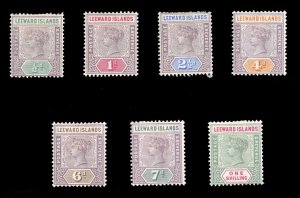 Leeward Islands 1-7, $83.50, 1890 Victoria, set to 1sh, hinge remnants