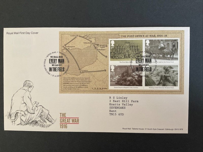 GB 2016 The Post Office at War M/sheet First Day Cover + Tallents House S/H/S