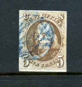 Scott #1 Franklin Imperf Used Stamp w/Nice Stitch Watermark Variety (Stk #1-182)