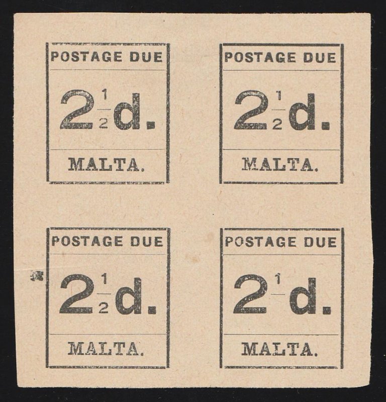 MALTA : 1925 Type-set Postage Due 2½d black, block, error '2' of '½' OMITTED.