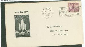 US 729 1933 3c Century of Progress (Federal Building) single on an addressed (typed) first day cover with an unknown cachet make