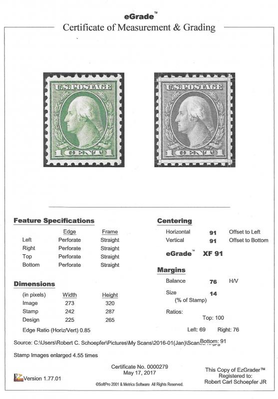 462 1 cent Washington, Green Stamp mint OG NH EGRADED XF 91 XXF