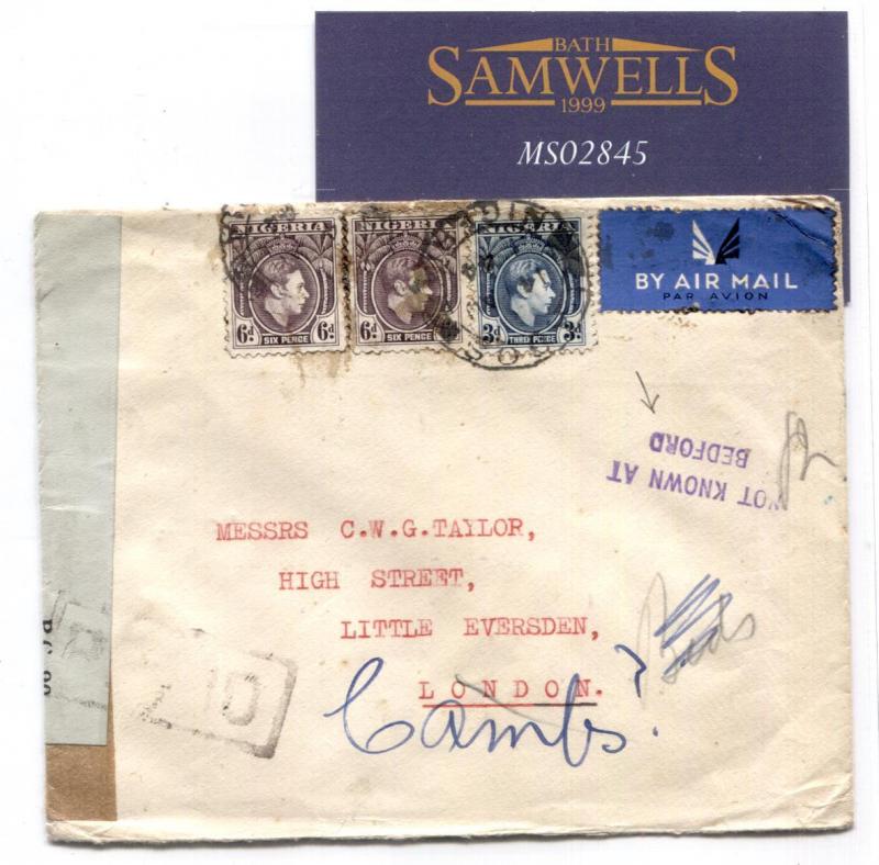 MS2845 WW2 NIGERIA AIR INTERRUPTED MAIL Censor Cover GB *NOT KNOWN AT BEDFORD* 