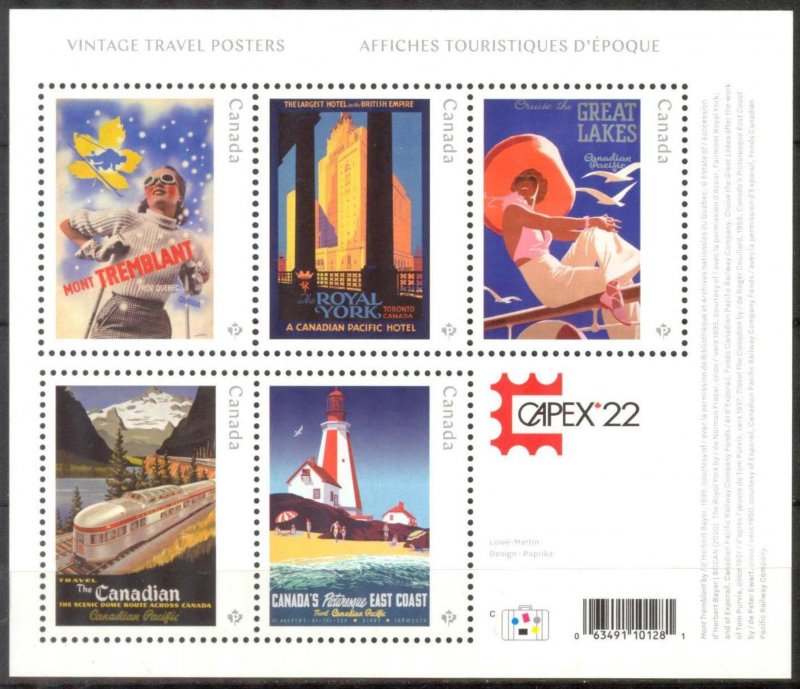 Canada 2022 Vintage Travel Posters Trains Lighthouses S/S Overprint CAPEX22 MNH