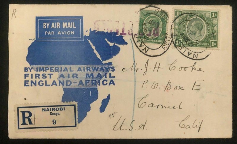 1931 Nairobi Kenya Early Airmail Cover To Camel CA USA Feeder Service