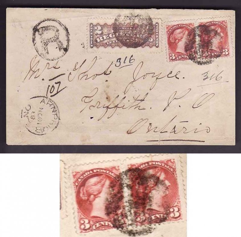 Canada #3018 -  2c RLS+3c(2) Small Queen rose carmine-Front Only-Renfrew County-