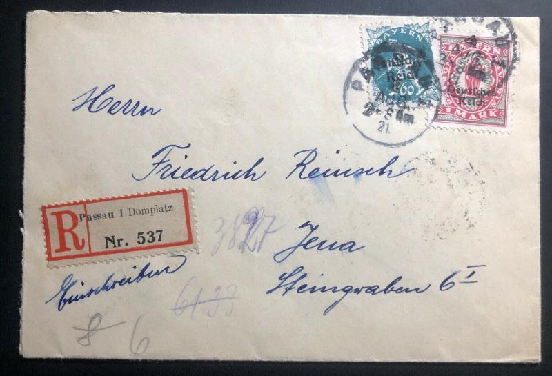 1921 Passau Germany Registered Cover To Jenna 