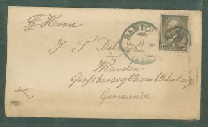 US 205 5c James Garfield (solo) franking this 1882 cover sent from Rantoul, IL to Hohenkirchen, Oldenburg Germany