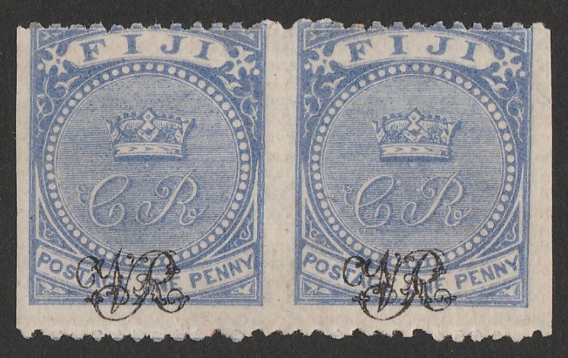 FIJI 1876 'VR' on CR monogram 1d pair, error IMPERF vertically. 