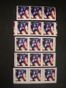 Scott 4391 - 4395, 44c Waving Flag Coils, PNC3 x5, MNH Beauties